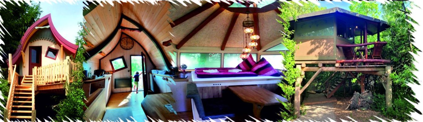 Verschiedene Baumhäuser mit kreativen Designs und gemütlichen Wohnbereichen.